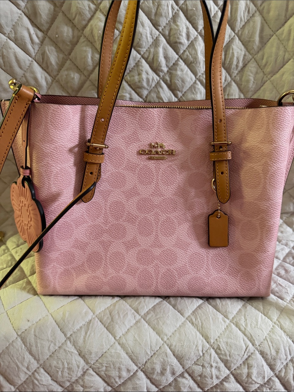 Coach Pink Signature Shoulder Tote with Tan Straps